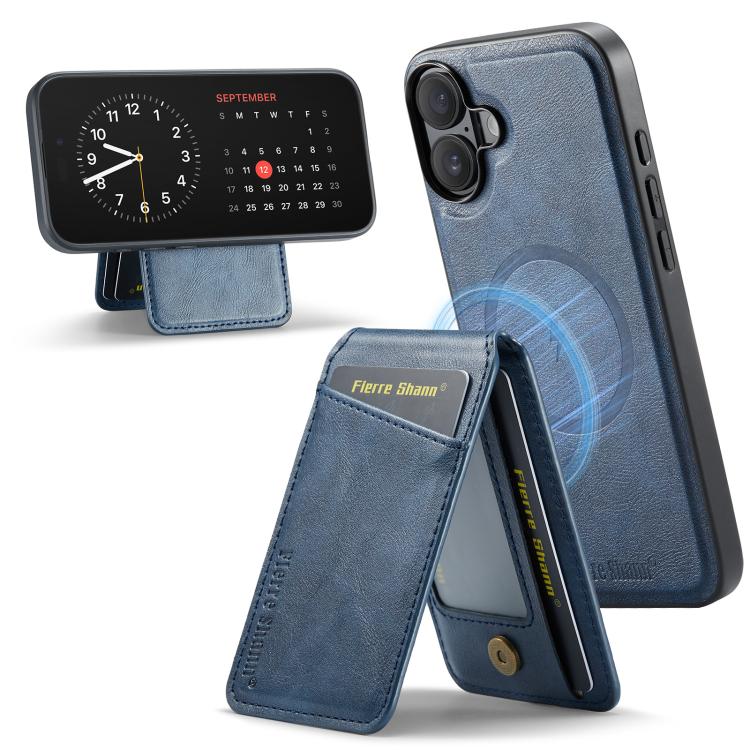 Carcasa Fierre Shann para iPhone 17 color azul con el tarjetero desplegado como soporte