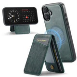 Carcasa Fierre Shann para iPhone 17 color verde con el tarjetero desplegado como soporte
