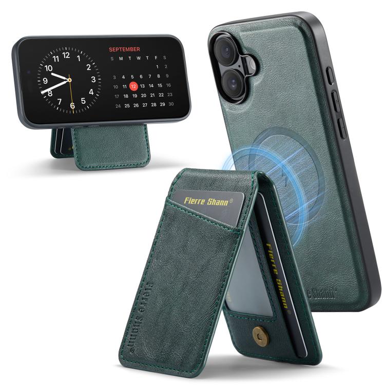 Carcasa Fierre Shann para iPhone 17 color verde con el tarjetero desplegado como soporte