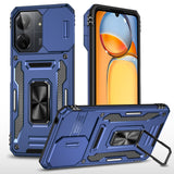 Carcasa Armor azul marino para Xiaomi POCO C65 / Redmi 13C con tapa de cámara y anillo, vista trasera y frontal
