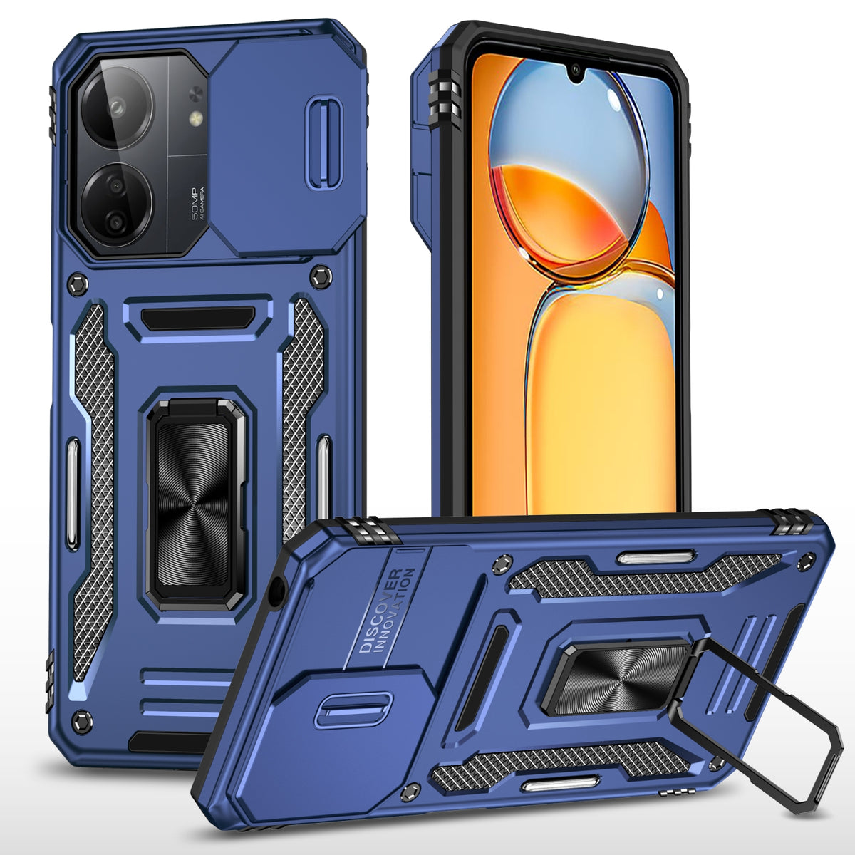 Carcasa Armor azul marino para Xiaomi POCO C65 / Redmi 13C con tapa de cámara y anillo, vista trasera y frontal