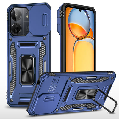Carcasa Armor azul marino para Xiaomi POCO C65 / Redmi 13C con tapa de cámara y anillo, vista trasera y frontal