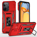 Carcasa Armor roja para Xiaomi POCO C65 / Redmi 13C con tapa de cámara y anillo, vista trasera y frontal