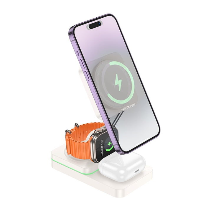 Cargador inalámbrico magnético hoco CQ10 3 en 1 plegable de 15W, blanco