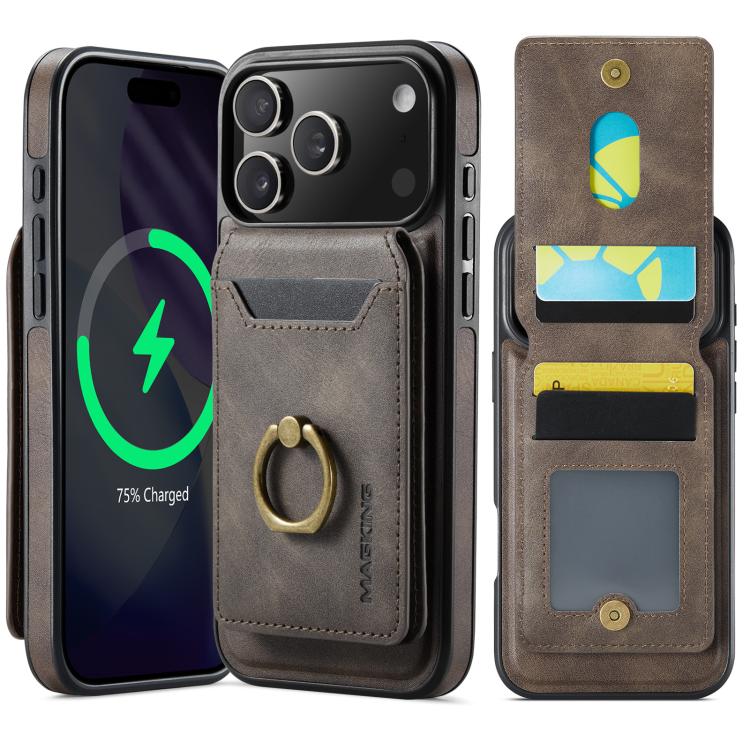 Carcasa MAGKING K1 color café para iPhone 17 Pro Max con billetera abierta y tarjetero