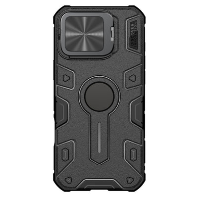 Carcasa NILLKIN CamShield Armor Prop negra para iPhone 16 Pro Max vista trasera con tapa de cámara cerrada