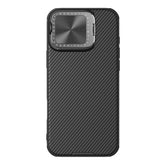Carcasa NILLKIN CamShield Prop negra para iPhone 16 Pro Max vista trasera con tapa de cámara cerrada