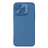 Carcasa NILLKIN CamShield Prop azul para iPhone 16 Pro Max vista trasera con tapa de cámara cerrada
