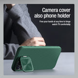 iPhone 16 Pro Max de pie usando la tapa de cámara de la carcasa CamShield Prop como soporte