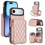Carcasa AwQuer para iPhone Air color oro rosa con billetera acolchada en rombos y correas