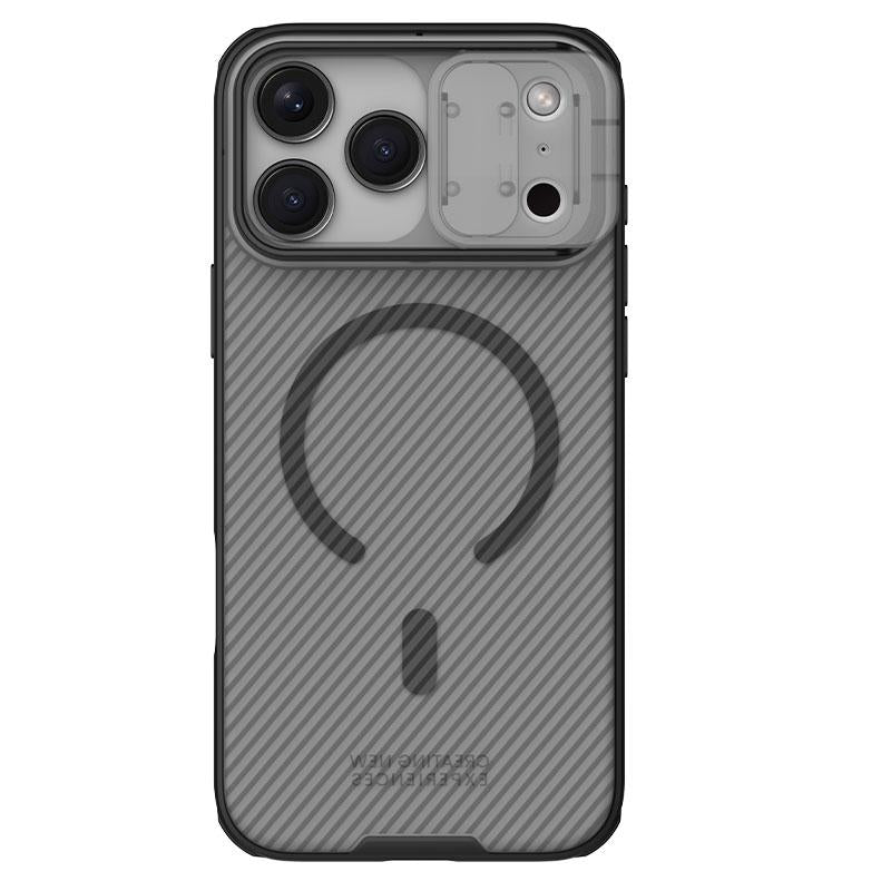Carcasa NILLKIN CamShield Pro iPhone 18 Pro color negro transparente, vista trasera con tapa de cámara cerrada