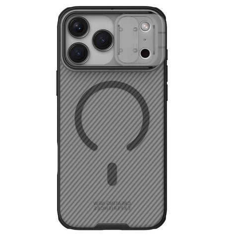 Carcasa NILLKIN CamShield Pro iPhone 18 Pro color negro transparente, vista trasera con tapa de cámara cerrada