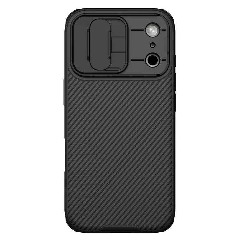 Carcasa NILLKIN CamShield Pro iPhone 18 Pro Max color negro, vista trasera con tapa de cámara cerrada