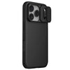 Carcasa iPhone 18 Pro Max negro en ángulo, tapa deslizante de cámara abierta