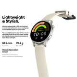 Perfil del Zeblaze Btalk 3 GPS crema mostrando sus 10,9 mm de grosor y la corona lateral