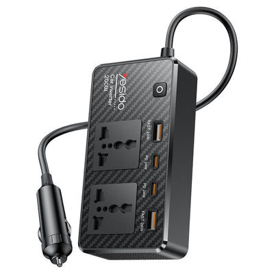 Inversor de corriente Yesido VC07 negro con sus dos tomas de 220 V y los puertos USB