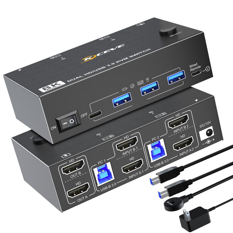 Switch KVM KCEVE KC-KVM8202 visto de frente y por atrás con todos sus puertos