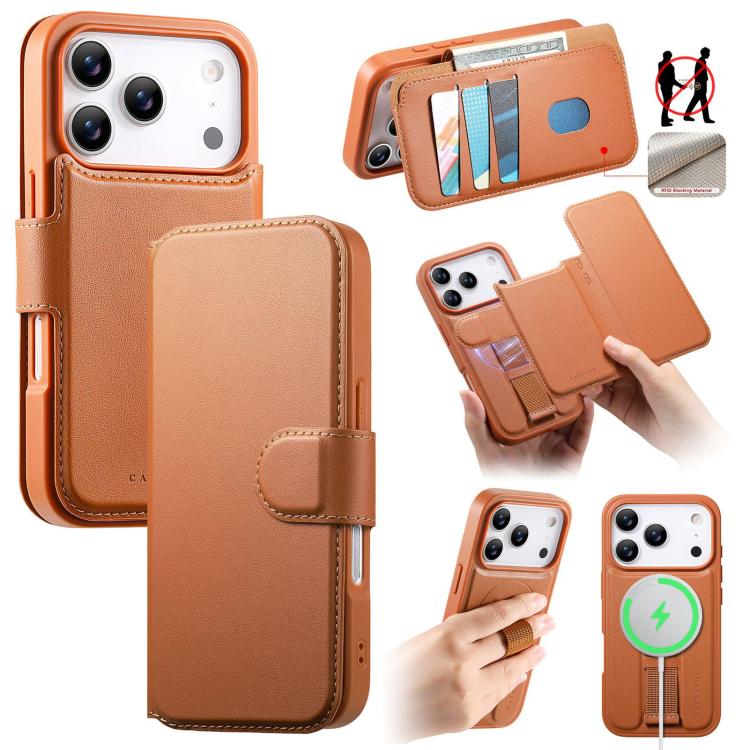 Funda tipo billetera CaseNeo color café para iPhone 17 Pro Max, cerrada, abierta y con la carcasa con correa