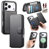 Funda tipo billetera CaseNeo color negro para iPhone 17 Pro Max, cerrada, abierta y con la carcasa con correa
