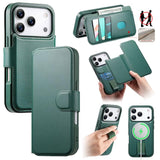 Funda tipo billetera CaseNeo color verde para iPhone 17 Pro Max, cerrada, abierta y con la carcasa con correa