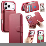 Funda tipo billetera CaseNeo color rojo para iPhone 17 Pro Max, cerrada, abierta y con la carcasa con correa
