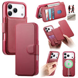 Funda tipo billetera CaseNeo color rojo para iPhone 17 Pro, cerrada, abierta y con la carcasa con correa