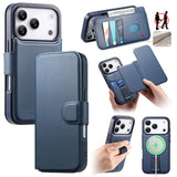 Funda tipo billetera CaseNeo color azul para iPhone 17 Pro, cerrada, abierta y con la carcasa con correa