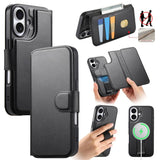 Funda tipo billetera CaseNeo color negro para iPhone 17, cerrada, abierta y con la carcasa con correa