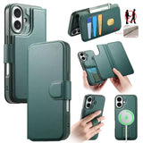 Funda tipo billetera CaseNeo color verde para iPhone 17, cerrada, abierta y con la carcasa con correa