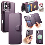 Funda tipo billetera CaseNeo color morado para iPhone 17, cerrada, abierta y con la carcasa con correa