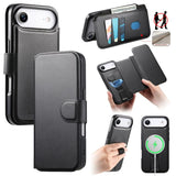 Funda tipo billetera CaseNeo color negro para iPhone Air, cerrada, abierta y con la carcasa con correa