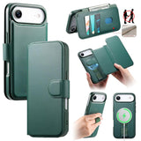 Funda tipo billetera CaseNeo color verde para iPhone Air, cerrada, abierta y con la carcasa con correa