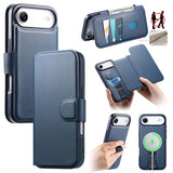 Funda tipo billetera CaseNeo color azul para iPhone Air, cerrada, abierta y con la carcasa con correa