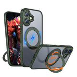 Carcasa Kalebol para iPhone 17 color verde con anillo soporte desplegado