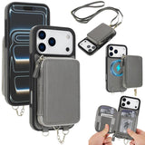 Carcasa AwQuer con billetera para iPhone 17 Pro Max color gris con correa bandolera