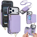 Carcasa AwQuer con billetera para iPhone 17 Pro color morado claro con correa bandolera