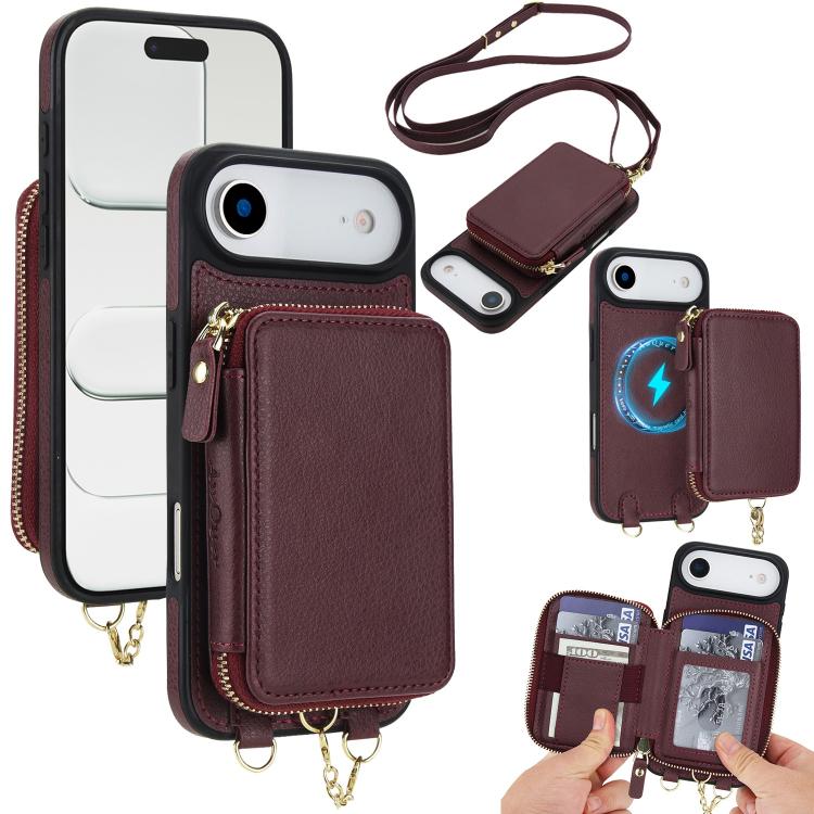 Carcasa AwQuer con billetera para iPhone Air color rojo vino con correa bandolera