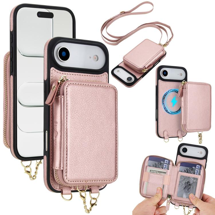 Carcasa AwQuer con billetera para iPhone Air color oro rosa con correa bandolera