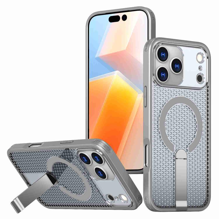 Carcasa Kalebol Honeycomb para iPhone 17 Pro Max color gris titanio con soporte desplegado
