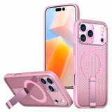 Carcasa Kalebol Honeycomb para iPhone 17 Pro Max color rosa con soporte desplegado