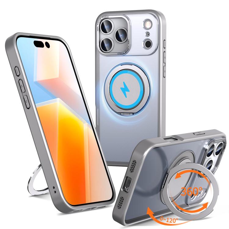 Carcasa Kalebol para iPhone 17 Pro Max color gris titanio con anillo giratorio abierto como soporte