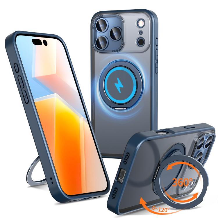 Carcasa Kalebol para iPhone 17 Pro Max color azul con anillo giratorio abierto como soporte