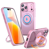 Carcasa Kalebol para iPhone 17 Pro Max color rosa con anillo giratorio abierto como soporte