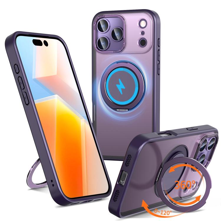 Carcasa Kalebol para iPhone 17 Pro color morado con anillo giratorio abierto como soporte