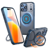 Carcasa Kalebol para iPhone 17 Pro color azul con anillo giratorio abierto como soporte