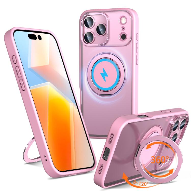 Carcasa Kalebol para iPhone 17 Pro color rosa con anillo giratorio abierto como soporte