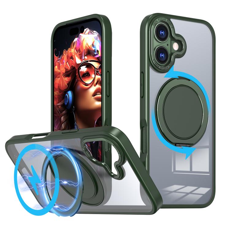 Carcasa Kalebol para iPhone 17 color verde con anillo giratorio abierto como soporte