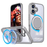 Carcasa Kalebol para iPhone 17 color gris titanio con anillo giratorio abierto como soporte
