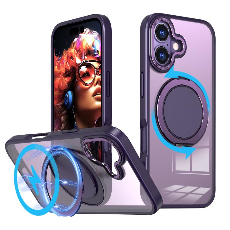 Carcasa Kalebol para iPhone 17 color morado con anillo giratorio abierto como soporte