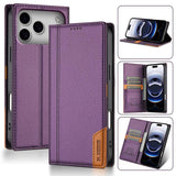 Funda tipo billetera N.BEKUS P3 color morado para iPhone 17 Pro Max cerrada y abierta con tarjetero